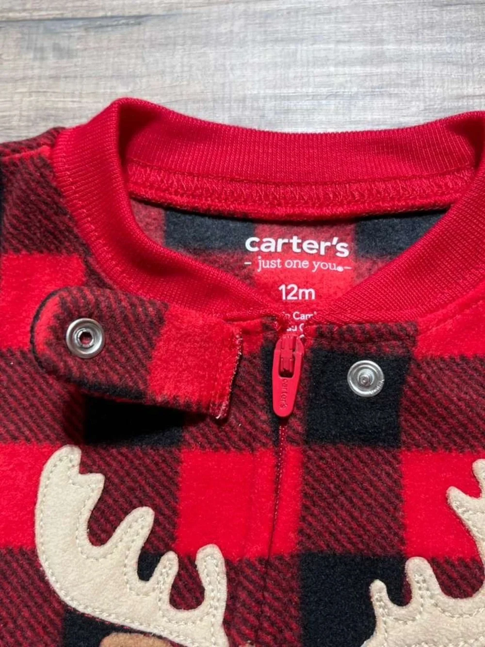 Carters Just One You Baby Boys Plaid Moose Fleece‎ Footed Pajama 12M Red Black